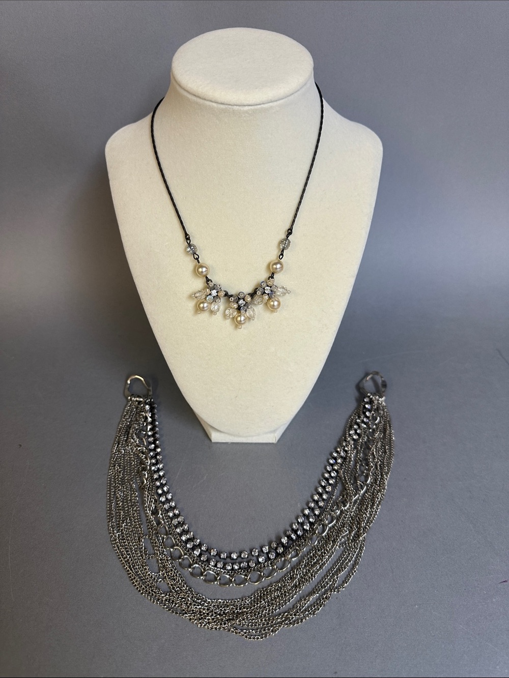 Bundle of Two Necklaces- Pearl Cluster Pendant Necklace & Multi Silver Chain